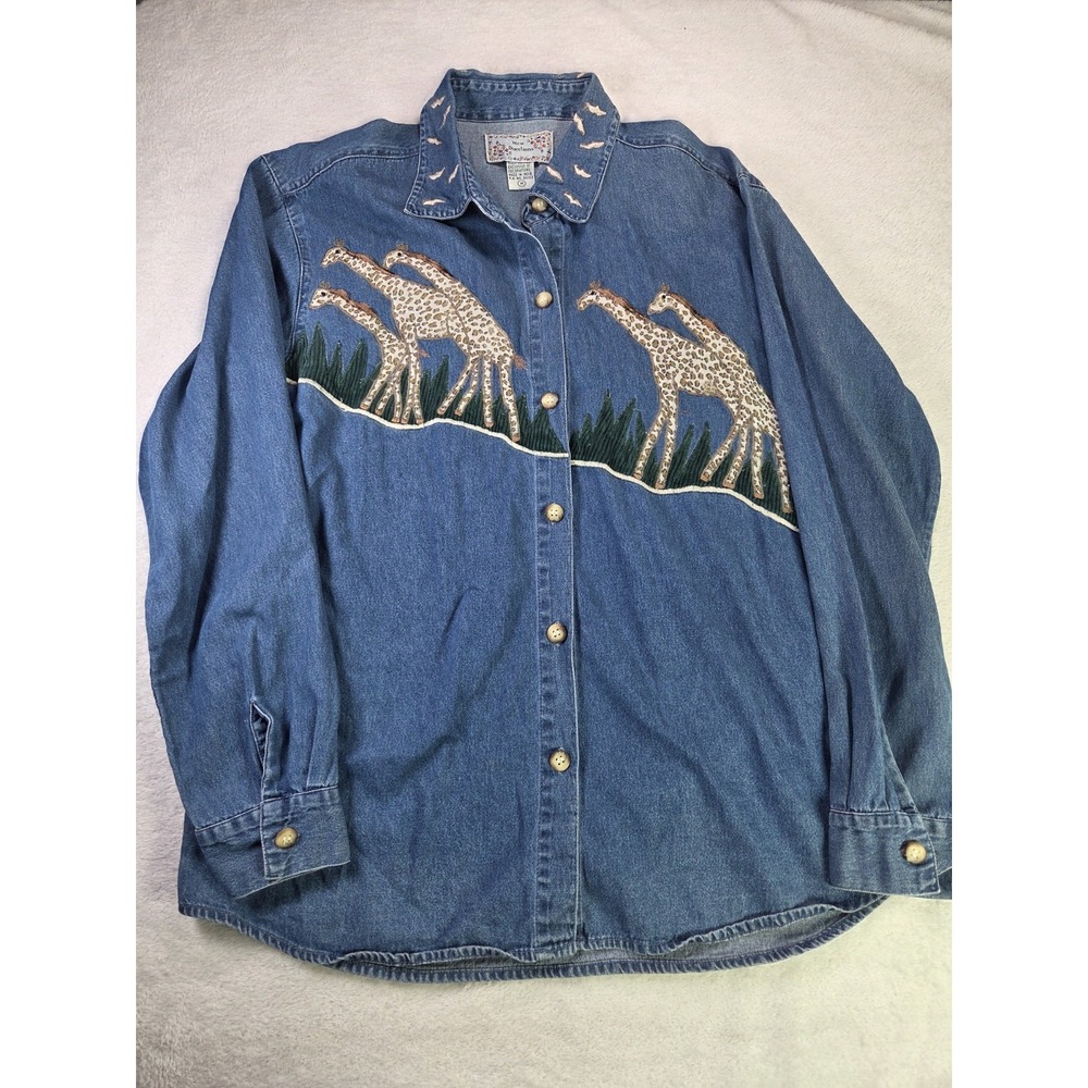 Vintage Denim Giraffe Shirt Womens Medium Embroidered Animal Safari Y2K...